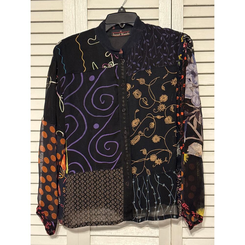 Sacred Threads Black Patchwork Boho Sheer Button Up Shirt Women's Size S/M